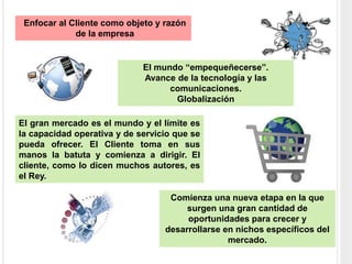 Enfocar al Cliente como objeto y razón
de la empresa
El mundo “empequeñecerse”.
Avance de la tecnología y las
comunicaciones.
Globalización
El gran mercado es el mundo y el límite es
la capacidad operativa y de servicio que se
pueda ofrecer. El Cliente toma en sus
manos la batuta y comienza a dirigir. El
cliente, como lo dicen muchos autores, es
el Rey.
Comienza una nueva etapa en la que
surgen una gran cantidad de
oportunidades para crecer y
desarrollarse en nichos específicos del
mercado.
 
