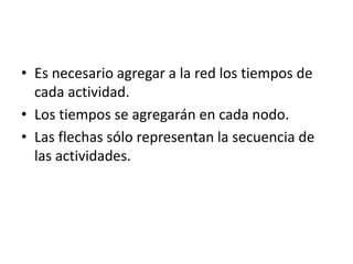 • Es necesario agregar a la red los tiempos de
cada actividad.
• Los tiempos se agregarán en cada nodo.
• Las flechas sólo representan la secuencia de
las actividades.
 