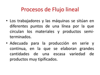 Procesos de Flujo lineal
• Los trabajadores y las máquinas se sitúan en
diferentes puntos de una línea por la que
circulan los materiales y productos semi-
terminados.
• Adecuada para la producción en serie y
continua, en la que se elaboran grandes
cantidades de una escasa variedad de
productos muy tipificados.
 