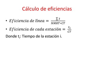 Cálculo de eficiencias
• 𝐸𝑓𝑖𝑐𝑖𝑒𝑛𝑐𝑖𝑎 𝑑𝑒 𝑙í𝑛𝑒𝑎 =
𝑡
𝑁𝑀𝑅𝑇∗𝐶𝑇
• 𝐸𝑓𝑖𝑐𝑖𝑒𝑛𝑐𝑖𝑎 𝑑𝑒 𝑐𝑎𝑑𝑎 𝑒𝑠𝑡𝑎𝑐𝑖ó𝑛 =
𝑡𝑖
𝐶𝑇
Donde ti: Tiempo de la estación i.
 