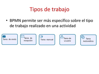 Tipos de trabajo
• BPMN permite ser más específico sobre el tipo
de trabajo realizado en una actividad
 