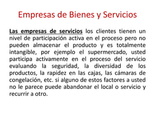 Empresas de Bienes y Servicios
Las empresas de servicios los clientes tienen un
nivel de participación activa en el proceso pero no
pueden almacenar el producto y es totalmente
intangible, por ejemplo el supermercado, usted
participa activamente en el proceso del servicio
evaluando la seguridad, la diversidad de los
productos, la rapidez en las cajas, las cámaras de
congelación, etc. si alguno de estos factores a usted
no le parece puede abandonar el local o servicio y
recurrir a otro.
 
