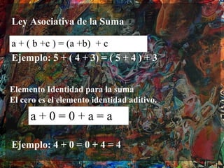 Ley Asociativa de la Suma

a + ( b +c ) = (a +b) + c
Ejemplo: 5 + ( 4 + 3) = ( 5 + 4 ) + 3


Elemento Identidad para la suma
El cero es el elemento identidad aditivo.

     a+0=0+a=a

Ejemplo: 4 + 0 = 0 + 4 = 4
 