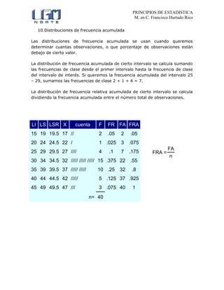 PRINCIPIOS DE ESTADISTICA
M. en C. Francisco Hurtado Rico
10.Distribuciones de frecuencia acumulada
Las distribuciones de frecuencia acumulada se usan cuando queremos
determinar cuantas observaciones, o que porcentaje de observaciones están
debajo de cierto valor.
La distribución de frecuencia acumulada de cierto intervalo se calcula sumando
las frecuencias de clase desde el primer intervalo hasta la frecuencia de clase
del intervalo de interés. Si queremos la frecuencia acumulada del intervalo 25
– 29, sumamos las frecuencias de clase 2 + 1 + 4 = 7.
La distribución de frecuencia relativa acumulada de cierto intervalo se calcula
dividiendo la frecuencia acumulada entre el número total de observaciones.
LI LS LSR X cuenta F FR FA FRA
15 19 19.5 17 // 2 .05 2 .05
20 24 24.5 22 / 1 .025 3 .075
25 29 29.5 27 //// 4 .1 7 .175
30 34 34.5 32 ///// ///// ///// 15 .375 22 .55
35 39 39.5 37 ///// ///// 10 .25 32 .8
40 44 44.5 42 ///// 5 .125 37 .925
45 49 49.5 47 /// 3 .075 40 1
n= 40
FRA =
FA
n
 