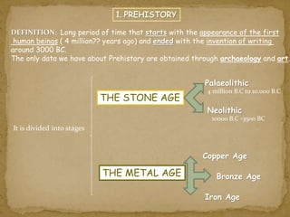 DEFINITION: Long period of time that starts with the appearance of the first 
human beings ( 4 million?? years ago) and ended with the invention of writing 
around 3000 BC. 
The only data we have about Prehistory are obtained through archaeology and art. 
It is divided into stages 
THE STONE AGE 
Palaeolithic 
4 million B.C to 10.000 B.C 
Neolithic 
THE METAL AGE 
10ooo B.C -3500 BC 
Copper Age 
Bronze Age 
Iron Age 
 