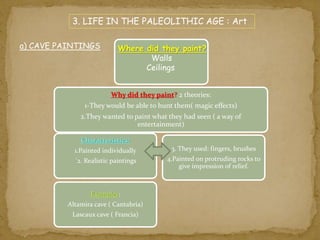 3. LIFE IN THE PALEOLITHIC AGE : Art 
Where did they paint? 
Why did they paint? 2 theories: 
1-They would be able to hunt them( magic effects) 
2.They wanted to paint what they had seen ( a way of 
entertainment) 
Characteristics: 
1.Painted individually 
´2. Realistic paintings 
Examples: 
Altamira cave ( Cantabria) 
Lascaux cave ( Francia) 
3. They used: fingers, brushes 
4.Painted on protruding rocks to 
give impression of relief. 
Walls 
Ceilings 
a) CAVE PAINTINGS 
 