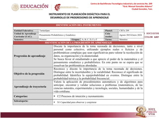 Centro de Bachillerato Tecnológico industrial y de servicios No. 209
“Gral. Manuel González Aldama”
Ciudad González, Tam.
PROGRESIÓN DE: (RECURSO SOCIOCOGN
CONOCIMIENTOS Y/O CURRICULUM AMPL
“Coronel Francisco Esteban Mascareñas”
INSTRUMENTO DE PLANEACIÓN DIDÁCTICA PARA EL
DESARROLLO DE PROGRESIONES DE APRENDIZAJE
Progresión de aprendizaje
Discute la importancia de la toma razonada de decisiones, tanto a nivel
personal como colectivo, utilizando ejemplos reales o ficticios y de
problemáticas complejas que sean significativas para valorar la recolección de
datos, su organización y la aleatoriedad.
Se busca llevar al estudiantado a que aprecie el poder de la matemática y el
pensamiento estadístico y probabilístico. En este punto no se espera que se
resuelvan las problemáticas abordadas
Objetivo de la progresión
Reconoce y discute la importancia de la toma razonada de decisiones.
Distingue entre la incertidumbre y la variabilidad. Reconoce el significado de
probabilidad. Identifica la equiprobabilidad en eventos. Distingue entre la
probabilidad teórica y la probabilidad frecuencial.
Aprendizaje de trayectoria
Valora la aplicación de procedimientos automáticos y de algoritmos para
anticipar, encontrar y validar soluciones a problemas (matemáticos, de las
ciencias naturales, experimentales y tecnología, sociales, humanidades y de la
vida cotidiana.
Categorías:  C2 Procesos de intuición y razonamiento.
Subcategoría:
 S1 Capacidad para observar y conjeturar
IDENTIFICACIÓN DEL INSTRUMENTO
Entidad Federativa: Tamaulipas Plantel: CBTis 209
Unidad de Aprendizaje
Curricular (UAC):
Pensamiento Probabilístico y Estadístico
Ciclo
escolar:
Agosto 2023-Enero 2024
Semestre: Primero Grupos: A, B, C, D, E y F Turno: Matutino
IDENTIFICACIÓN DE LA PROGRESIÓN DE APRENDIZAJE
 