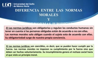 DIFERENCIA ENTRE LAS NORMAS
MORALES
Y
LAS NORMAS JURIDICAS
2) Las normas jurídicas son obligatorias y regulan las conductas humanas sin
tener en cuenta si las personas obligadas están de acuerdo o no con ellas.
Las normas morales solo obligan cuando el sujeto esta de acuerdo con ellas.
Su obligatoriedad surge de nuestra propia conciencia.
3) Las normas jurídicas son coercibles, es decir, que se pueden hacer cumplir por la
fuerza. Las normas morales no imponen su cumplimiento por la fuerza sino que
deben ser hechas voluntariamente. Su incumplimiento genera el rechazo social hacia
el que violo un principio moral.
 