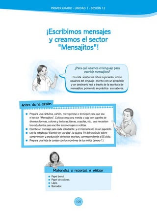 ¡Escribimos mensajes
y creamos el sector
"Mensajitos"!
	 Papel bond.
	 Papel de colores.
	Lápiz.
	Borrador.
En esta sesión los niños ingresarán como
usuarios del lenguaje escrito con un propósito
y un destinario real a través de la escritura de
mensajitos, poniendo en práctica sus saberes.
	 Prepara una cartulina, cartón, microporoso o tecnopor para que sea
el sector “Mensajitos”. Coloca cerca una mesita o caja con papeles de
diversas formas, colores y texturas; tijeras, crayolas, etc., que necesiten
los estudiantes para escribir sus mensajes o notitas.
	 Escribe un mensaje para cada estudiante, y el mismo texto en un papelote.
	 Lee la estrategia “Escribir en voz alta”, la página 79 del fascículo sobre
comprensión y producción de textos escritos, correspondiente al III ciclo.
	 Prepara una lista de cotejo con los nombres de tus niños (anexo 1).
Antes de la sesión
Materiales o recursos a utilizar
¿Para qué usamos el lenguaje para
escribir mensajitos?
PRIMER GRADO - UNIDAD 1 - SESIÓN 12
105
 