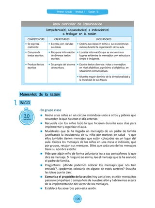 En grupo clase
	 Reúne a los niños en un círculo mirándose unos a otros y pídeles que
recuerden lo que hicieron el día anterior.
	 Recuerda con los niños todo lo que hicieron durante esos días para
implementar y organizar el aula.
	 Muéstrales que te ha llegado un mensajito de un padre de familia
justificando la inasistencia de su niño por motivos de salud y que
ellos también tienen mensajes que están colocados en un lugar del
aula. Coloca los mensajes de los niños en una mesa e indícales, que
por grupos, recojan sus mensajes. Diles que cada uno de los mensajes
tiene su nombre escrito.
	 Pide que algún niño de forma voluntaria lea a sus compañeros lo que
dice su mensaje. Si ninguno se anima, lee el mensaje que te ha enviado
el padre de familia.
	 Pregúntales: ¿dónde podemos colocar los mensajes que nos han
enviado?, ¿podemos colocarlo en alguno de estos carteles? Escucha
las ideas que te dan.
	 Comunica el propósito de la sesión: hoy van a leer, escribir mensajitos
para un compañero o compañera de nuestro salón y hablaremos acerca
de la implementación del sector de los mensajes.
	 Establece los acuerdos para esta sesión.
20minutos
INICIO
Momentos de la sesión
1.
Competencia(s), capacidad(es) e indicador(es)
a trabajar en la sesión
COMPETENCIAS CAPACIDADES INDICADORES
	 Se expresa
oralmente
	 Expresa con claridad
sus ideas
	 Ordena sus ideas en torno a sus experiencias
vividas durante la organización de su aula.
	 Comprende
textos escritos.
	 Recupera información
de diversos textos
escritos.
	 Localiza información que se encuentra en
lugares evidentes de mensajitos con estructura
simple e imágenes.
	 Produce textos
escritos
	 Se apropia del sistema
de escritura.
	 Escribe textos diversos: notas o mensajitos
en nivel alfabético, o próximo al alfabético, en
situaciones comunicativas.
	 Muestra mayor dominio de la direccionalidad y
la linealidad de sus trazos.
Área curricular de Comunicación
106
Primer Grado - Unidad 1 - Sesión 12
 