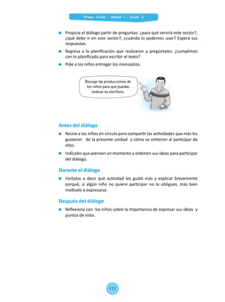 Propicia el diálogo partir de preguntas: ¿para qué servirá este sector?,
¿qué debe ir en este sector?, ¿cuándo lo podemos usar? Espera sus
respuestas.
	 Regresa a la planificación que realizaron y pregúntales: ¿cumplimos
con lo planificado para escribir el texto?
	 Pide a los niños entregar los mensajitos.
Recoge las producciones de
los niños para que puedas
evaluar su escritura.
Antes del diálogo
	 Reúne a los niños en círculo para compartir las actividades que más les
gustaron de la presente unidad y cómo se sintieron al participar de
ellas.
	 Indícales que piensen un momento y ordenen sus ideas para participar
del diálogo.
Durante el diálogo
	 Invítalos a decir qué actividad les gustó más y explicar brevemente
porqué, si algún niño no quiere participar no lo obligues, más bien
motívalo a expresarse.
Después del diálogo
	 Reflexiona con los niños sobre la importancia de expresar sus ideas y
puntos de vista.
111
Primer Grado - Unidad 1 - Sesión 12
 