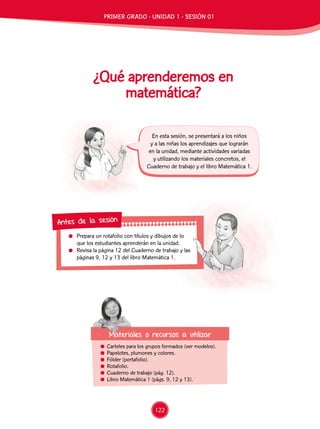 Prepara un rotafolio con títulos y dibujos de lo
que los estudiantes aprenderán en la unidad.
	 Revisa la página 12 del Cuaderno de trabajo y las
páginas 9, 12 y 13 del libro Matemática 1.
Antes de la sesión
¿Qué aprenderemos en
matemática?
	 Carteles para los grupos formados (ver modelos).
	 Papelotes, plumones y colores.
	 Fólder (portafolio).
	Rotafolio.
	 Cuaderno de trabajo (pág. 12).
	 Libro Matemática 1 (págs. 9, 12 y 13).
En esta sesión, se presentará a los niños
y a las niñas los aprendizajes que lograrán
en la unidad, mediante actividades variadas
y utilizando los materiales concretos, el
Cuaderno de trabajo y el libro Matemática 1.
Materiales o recursos a utilizar
PRIMER GRADO - UNIDAD 1 - SESIÓN 01
122
 