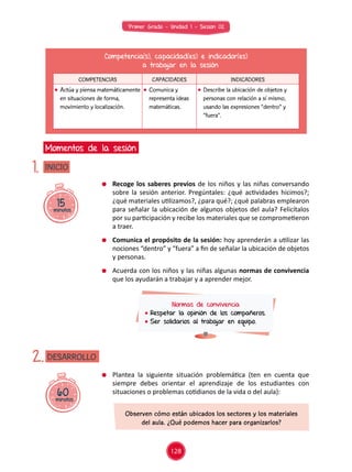 Primer Grado - Unidad 1 - Sesión 02
15minutos
INICIO
Momentos de la sesión
1.
60minutos
DESARROLLO2.
Competencia(s), capacidad(es) e indicador(es)
a trabajar en la sesión
COMPETENCIAS CAPACIDADES INDICADORES
	 Actúa y piensa matemáticamente
en situaciones de forma,
movimiento y localización.
	 Comunica y
representa ideas
matemáticas.
	 Describe la ubicación de objetos y
personas con relación a sí mismo,
usando las expresiones “dentro” y
“fuera”.
Normas de convivencia
	Respetar la opinión de los compañeros.
	Ser solidarios al trabajar en equipo.
	 Recoge los saberes previos de los niños y las niñas conversando
sobre la sesión anterior. Pregúntales: ¿qué actividades hicimos?;
¿qué materiales utilizamos?, ¿para qué?; ¿qué palabras emplearon
para señalar la ubicación de algunos objetos del aula? Felicítalos
por su participación y recibe los materiales que se comprometieron
a traer.
	 Comunica el propósito de la sesión: hoy aprenderán a utilizar las
nociones “dentro” y “fuera” a fin de señalar la ubicación de objetos
y personas.
	 Acuerda con los niños y las niñas algunas normas de convivencia
que los ayudarán a trabajar y a aprender mejor.
	 Plantea la siguiente situación problemática (ten en cuenta que
siempre debes orientar el aprendizaje de los estudiantes con
situaciones o problemas cotidianos de la vida o del aula):
Observen cómo están ubicados los sectores y los materiales
del aula. ¿Qué podemos hacer para organizarlos?
128
 