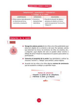 Primer Grado - Unidad 1 - Sesión 03
15minutos
INICIO
Momentos de la sesión
1.
Competencia(s), capacidad(es) e indicador(es)
a trabajar en la sesión
COMPETENCIAS CAPACIDADES INDICADORES
	 Actúa y piensa matemáticamente
en situaciones de forma,
movimiento y localización.
	 Comunica y
representa ideas
matemáticas.
	 Describe la ubicación de objetos y
personas con relación a sí mismo,
usando las expresiones “encima de” y
“debajo de”.
	 Recoge los saberes previos de los niños y las niñas pidiéndoles que
observen objetos de su entorno o del aula. Por ejemplo, solicita
que observen las mesas, las ventanas, las sillas, las carpetas, etc.,
y pregunta: ¿qué objetos del aula se pueden ubicar encima o
debajo de otros? Anota las respuestas en la pizarra para valorar su
participación.
	 Comunica el propósito de la sesión: hoy aprenderán a utilizar las
nociones “encima” y “debajo” para señalar y ubicar objetos.
	 Acuerda con los niños y las niñas algunas normas de convivencia
que los ayudarán a trabajar y a aprender mejor.
Normas de convivencia
	Respetar la opinión de los compañeros.
	Mantener el orden y la limpieza.
133
 