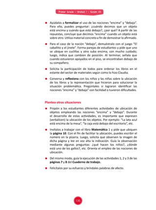 Primer Grado - Unidad 1 - Sesión 03
	 Ayúdalos a formalizar el uso de las nociones “encima” y “debajo”.
Para ello, puedes preguntar: ¿cuándo decimos que un objeto
está encima y cuándo que está debajo?, ¿por qué? A partir de las
repuestas, concluye que decimos “encima” cuando un objeto está
sobre otro. Utiliza material concreto a fin de demostrar lo afirmado.
	 Para el caso de la noción “debajo”, demuéstralo con el juego “El
caballito y el jinete”. Forma parejas de estudiantes y pide que uno
se ubique en cuclillas y otro suba encima, con mucho cuidado;
luego, indica que cambien de posición. Al terminar, señala que
cuando estuvieron apoyados en el piso, se encontraban debajo de
su compañero.
	 Solicita la participación de todos para ordenar los libros en el
estante del sector de materiales según como lo hizo Claudia.
	 Conversa y reflexiona con los niños y las niñas sobre la ubicación
de los libros y la representación que hicieron para solucionar la
situación problemática. Pregúntales si lograron identificar las
nociones “encima” y “debajo” con facilidad o tuvieron dificultades.
Plantea otras situaciones
	 Propón a los estudiantes diferentes actividades de ubicación de
objetos empleando las nociones “encima” y “debajo”. Durante
el desarrollo de estas actividades, es importante que expresen
(verbalicen) la ubicación de los objetos. Por ejemplo: “La lata azul
está encima de la mesa”, “la caja está debajo del escritorio”, etc.
	 Invítalos a trabajar con el libro Matemática 1 y pide que ubiquen
la página 10. Con el fin de facilitar la ubicación, puedes escribir el
número en la pizarra. Luego, solicita que observen la imagen de
dicha página y lee en voz alta la indicación. Guía la observación
mediante algunas preguntas: ¿qué hacen los niños?, ¿dónde
está uno de los gallos?, etc. Orienta el empleo de las nociones de
ubicación.
	 Del mismo modo, guía la ejecución de las actividades 1, 2 y 3 de las
páginas 7 y 8 del Cuaderno de trabajo.
	 Felicítalos por su esfuerzo y bríndales palabras de afecto.
135
 