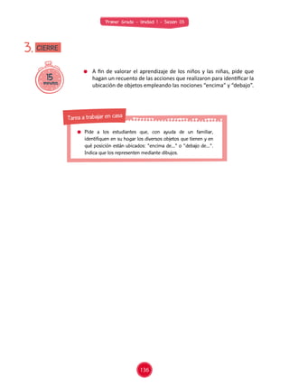 Primer Grado - Unidad 1 - Sesión 03
	 A fin de valorar el aprendizaje de los niños y las niñas, pide que
hagan un recuento de las acciones que realizaron para identificar la
ubicación de objetos empleando las nociones “encima” y “debajo”.
15minutos
3. CIERRE
136
	Pide a los estudiantes que, con ayuda de un familiar,
identifiquen en su hogar los diversos objetos que tienen y en
qué posición están ubicados: "encima de..." o "debajo de...".
Indica que los representen mediante dibujos.
Tarea a trabajar en casa
 