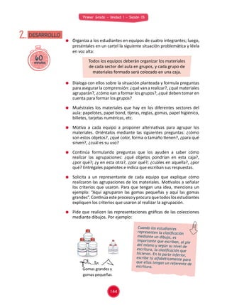 Primer Grado - Unidad 1 - Sesión 05
60minutos
DESARROLLO2. 	 Organiza a los estudiantes en equipos de cuatro integrantes; luego,
preséntales en un cartel la siguiente situación problemática y léela
en voz alta:
	 Dialoga con ellos sobre la situación planteada y formula preguntas
para asegurar la comprensión: ¿qué van a realizar?, ¿qué materiales
agruparán?, ¿cómo van a formar los grupos?, ¿qué deben tomar en
cuenta para formar los grupos?
	 Muéstrales los materiales que hay en los diferentes sectores del
aula: papelotes, papel bond, tijeras, reglas, gomas, papel higiénico,
billetes, tarjetas numéricas, etc.
	 Motiva a cada equipo a proponer alternativas para agrupar los
materiales. Oriéntalos mediante las siguientes preguntas: ¿cómo
son estos objetos?, ¿qué color, forma o tamaño tienen?, ¿para qué
sirven?, ¿cuál es su uso?
	 Continúa formulando preguntas que los ayuden a saber cómo
realizar las agrupaciones: ¿qué objetos pondrían en esta caja?,
¿por qué?; ¿y en esta otra?, ¿por qué?; ¿cuáles en aquella?, ¿por
qué? Entrégales papelotes e indica que escriban sus respuestas.
	 Solicita a un representante de cada equipo que explique cómo
realizaron las agrupaciones de los materiales. Motívalos a señalar
los criterios que usaron. Para que tengan una idea, menciona un
ejemplo: “Aquí agruparon las gomas pequeñas y aquí las gomas
grandes”.Continúaesteprocesoyprocuraquetodoslosestudiantes
expliquen los criterios que usaron al realizar la agrupación.
	 Pide que realicen las representaciones gráficas de las colecciones
mediante dibujos. Por ejemplo:
Todos los equipos deberán organizar los materiales
de cada sector del aula en grupos, y cada grupo de
materiales formado será colocado en una caja.
Cuando los estudiantes
representen la clasificación
mediante un dibujo, es
importante que escriban, al pie
del mismo y según su nivel de
escritura, la clasificación que
hicieron. En la parte inferior,
escribe tú alfabéticamente para
que ellos tengan un referente de
escritura.
Gomas grandes y
gomas pequeñas
144
 