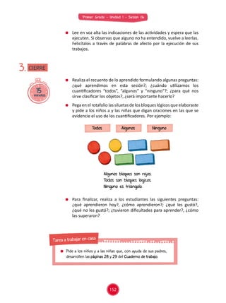 Primer Grado - Unidad 1 - Sesión 06
	 Realiza el recuento de lo aprendido formulando algunas preguntas:
¿qué aprendimos en esta sesión?; ¿cuándo utilizamos los
cuantificadores “todos”, “algunos” y “ninguno”?; ¿para qué nos
sirve clasificar los objetos?, ¿será importante hacerlo?
	 Pega en el rotafolio las siluetas de los bloques lógicos que elaboraste
y pide a los niños a y las niñas que digan oraciones en las que se
evidencie el uso de los cuantificadores. Por ejemplo:
	 Para finalizar, realiza a los estudiantes las siguientes preguntas:
¿qué aprendieron hoy?, ¿cómo aprendieron?; ¿qué les gustó?,
¿qué no les gustó?; ¿tuvieron dificultades para aprender?, ¿cómo
las superaron?
15minutos
3.
	 Lee en voz alta las indicaciones de las actividades y espera que las
ejecuten. Si observas que alguno no ha entendido, vuelve a leerlas.
Felicítalos a través de palabras de afecto por la ejecución de sus
trabajos.
CIERRE
152
	 Pide a los niños y a las niñas que, con ayuda de sus padres,
desarrollen las páginas 28 y 29 del Cuaderno de trabajo.
Tarea a trabajar en casa
Todos Algunos Ninguno
Algunos bloques son rojos.
Todos son bloques lógicos.
Ninguno es triángulo.
 