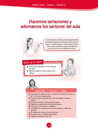 Prepara los materiales de los sectores
del aula.
	 Revisa la página 25 del Cuaderno de
trabajo.
Antes de la sesión
	 Tiras largas de papel arcoíris o cartulina (de diferentes colores y
de 10 cm, aproximadamente).
	 Fichas de figuras (geométricas o de otro diseño) o bloques
lógicos.
	 Lápices, plumones, colores, tijeras y goma.
	 Plastilinas y serpentinas de diferentes colores.
	 Trenzado de lana (grueso y delgado).
	 10 tarjetas con imágenes de un mismo objeto en diferentes
tamaños.
	 10 tarjetas de colores y tonos diferentes.
	 Piedras grandes, medianas y pequeñas.
	 Cuaderno de trabajo (pág. 25).
Materiales o recursos a utilizar
En esta sesión, los niños y las niñas aprenderán
a resolver problemas ordenando colecciones de
hasta 10 objetos según un determinado criterio:
color, grosor o tamaño; luego, adornarán los
sectores del aula con material concreto.
Hacemos seriaciones y
adornamos los sectores del aula
PRIMER GRADO - UNIDAD 1 - SESIÓN 07
153
 
