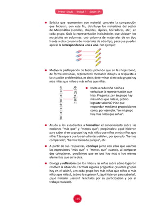 Primer Grado - Unidad 1 - Sesión 09
	 Solicita que representen con material concreto la comparación
que hicieron; con este fin, distribuye los materiales del sector
de Matemática (semillas, chapitas, lápices, borradores, etc.) en
cada grupo. Guía la representación indicándoles que ubiquen los
materiales en columnas: una columna de materiales de un tipo
frente a otra columna de materiales de otro tipo, para que puedan
aplicar la correspondencia uno a uno. Por ejemplo:
	 Motiva la participación de todos pidiendo que en las hojas bond,
de forma individual, representen mediante dibujos la respuesta a
la situación problemática, es decir, determinar si en cada grupo hay
más niñas que niños o más niños que niñas.
	 Invita a cada niño o niña a
verbalizar la representación que
hizo. Pregunta: ¿en tu grupo hay
más niños que niñas?, ¿cómo
lograste saberlo? Pide que
respondan mediante proposiciones
como, por ejemplo, “en mi grupo
hay más niños que niñas”.
	 Ayuda a los estudiantes a formalizar el conocimiento sobre las
nociones “más que” y “menos que”; pregúntales: ¿qué hicieron
para saber si en su grupo hay más niñas que niños o más niños que
niñas? Se espera que los estudiantes señalen, por ejemplo: “hemos
comparado”, “hemos formado parejas”, etc.
	 A partir de sus respuestas, concluye junto con ellos que usamos
las expresiones “más que” o “menos que” cuando, al comparar
dos colecciones, percibimos que en una hay más o hay menos
elementos que en la otra.
	 Dialoga y reflexiona con los niños y las niñas sobre cómo lograron
resolver la situación. Formula algunas preguntas: ¿cuántos grupos
hay en el salón?, ¿en cada grupo hay más niñas que niños o más
niños que niñas?, ¿cómo lo supieron?, ¿qué hicieron para saberlo?,
¿qué material usaron? Felicítalos por su participación y por el
trabajo realizado.
165
 