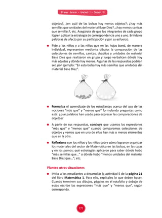 Primer Grado - Unidad 1 - Sesión 10
	 objetos?, ¿en cuál de las bolsas hay menos objetos?; ¿hay más
semillas que unidades del material Base Diez?, ¿hay menos canicas
que semillas?, etc. Asegúrate de que los integrantes de cada grupo
logren aplicar la estrategia de correspondencia uno a uno. Bríndales
palabras de afecto por su participación y por su esfuerzo.
	 Pide a los niños y a las niñas que en las hojas bond, de manera
individual, representen mediante dibujos la comparación de las
colecciones de semillas, canicas, chapitas y unidades de material
Base Diez que realizaron en grupo y luego verbalicen dónde hay
más objetos y dónde hay menos. Algunas de las respuestas podrían
ser, por ejemplo: “En esta bolsa hay más semillas que unidades del
material Base Diez”.
	 Formaliza el aprendizaje de los estudiantes acerca del uso de las
nociones “más que” y “menos que” formulando preguntas como
esta: ¿qué palabras han usado para expresar las comparaciones de
objetos?
	 A partir de sus respuestas, concluye que usamos las expresiones
“más que” y “menos que” cuando comparamos colecciones de
objetos y vemos que en una de ellas hay más o menos elementos
que en la otra.
	 Reflexiona con los niños y las niñas sobre cómo lograron organizar
los materiales del sector de Matemática en las bolsas, en las cajas
y en los pomos; qué estrategias aplicaron para saber dónde hubo
“más semillas que…” o dónde hubo “menos unidades del material
Base Diez que…”; etc.
Plantea otras situaciones
	 Invita a los estudiantes a desarrollar la actividad 5 de la página 21
del libro Matemática 1. Para ello, explícales lo que deben hacer.
Cuando terminen sus dibujos, pégalos en el rotafolio y debajo de
estos escribe las expresiones “más que” y “menos que”, según
corresponda.
171
 