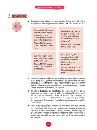 Primer Grado - Unidad 1 - Sesión 11
60minutos
DESARROLLO2.
	 Asegura la comprensión de las situaciones planteadas mediante
estas preguntas: ¿cómo resolveremos los problemas de cada
situación?, ¿qué tendremos que hacer? Pídeles que mencionen
algunas soluciones para los problemas sin usar cantidades exactas.
Luego, asigna un problema a cada grupo.
	 Orienta la búsqueda de estrategias de solución a través de las
siguientes preguntas: ¿qué se pide en cada problema?, ¿cómo
encontrarán la solución?, ¿qué necesitarán para resolver el
problema que les tocó? Recuerda que las respuestas que brinden
los estudiantes deben estar orientadas a la aplicación de la noción
“tantos como”.
	 Invita a los estudiantes a vivenciar el problema; para ello, reparte
los materiales del sector de Matemática: tapitas, palitos de
chupete, material Base Diez, cuerdas, botones, bloques lógicos,
etc., en cantidad necesaria para que hagan la representación de la
solución de los problemas; así como hojas bond, para que realicen
sus dibujos.
	 Organiza a los estudiantes en cuatro equipos; luego, pega en la pizarra
los papelotes con las siguientes situaciones y lee cada una en voz alta:
Carmen invitó a 7 amigos
a comer gelatina después
de jugar en su casa.
¿Cuántos vasitos utilizará
para invitar las gelatinas?
Dibujen TANTOS vasitos
COMO amigos de Carmen
haya.
Luis tiene 6 taps y Mario
quiere tener TANTOS taps
COMO tiene Luis.
Dibujen TANTOS taps para
Mario COMO la cantidad
que tiene Luis.
La mamá de Rosa colocó
9 platos en la mesa para
servir la sopa. ¿Cuántas
cucharas deberá colocar
en la mesa?
Dibujen TANTAS cucharas
COMO platos haya.
En mi grupo hay 4 niños
y cada uno debe recibir
un libro de Matemática.
¿Cuántos libros se
necesitarán?
Dibujen TANTOS libros de
Matemática COMO niños
haya.
175
 