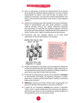 Primer Grado - Unidad 1 - Sesión 11
	 Guía, en cada grupo, el proceso de representación de la solución
de los problemas mediante algunas preguntas: ¿con qué material
representarán los libros?, ¿con cuál los taps, los platos, etc.?,
¿dónde los colocarán?; ¿con qué otro material representarán a los
niños?; ¿hay más libros que niños?, ¿hay menos?, ¿cómo lograrán
saberlo?
	 Supervisa en los grupos que cada estudiante, de manera individual,
realice la representación; para ello, prevé suficiente y variado
material concreto. Procura que utilicen diferentes materiales
para representar la resolución del problema asignado; asimismo,
promueve que todos expliquen individualmente cómo aplicaron la
noción “tantos como”, según el problema que les tocó resolver.
	 Finalmente, pide que mediante dibujos en las hojas bond
representen la solución del problema. Por ejemplo:
	 Proporciona papelotes a los grupos, para que peguen los dibujos de
las diversas representaciones que realizaron. Luego, solicita que un
representante por grupo presente y explique el trabajo realizado: lo
que hicieron y por qué lo hicieron de esa manera.
	 Al final de las presentaciones, ayuda a los estudiantes a formalizar
el conocimiento formulando las siguientes preguntas: ¿cuántos
platos hay?, ¿cuántas cucharas debe haber?; entonces, ¿hay tantos
platos como cucharas?
	 Reflexiona e interioriza la noción “tantos como” preguntando: ¿en
qué casos utilizaron esta expresión?, ¿por qué la utilizaron?
	 A partir de sus respuestas, concluye que usamos la expresión
“tantos como” cuando comparamos dos colecciones de objetos y
observamos que tienen la misma cantidad y se puede establecer la
correspondencia uno a uno de manera exacta.
Cuántos libros hay en cada
grupo?, por qué?
Hay tantos libros como
integrantes en el grupo.
Es importante que los
estudiantes logren
representar los objetos
no solo con un tipo de
material, sino con la mayor
variedad posible. De esta
manera, desarrollarán su
pensamiento abstracto al
transferir la noción de un
material a otro.
176
 