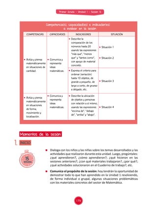 Primer Grado - Unidad 1 - Sesión 12
15minutos
INICIO
Momentos de la sesión
1.
Competencia(s), capacidad(es) e indicador(es)
a evaluar en la sesión
	 Dialoga con los niños y las niñas sobre los temas desarrollados y las
actividades que realizaron durante esta unidad. Luego, pregúntales:
¿qué aprendieron?, ¿cómo aprendieron?; ¿qué hicieron en las
sesiones anteriores?; ¿con qué materiales trabajaron?, ¿por qué?;
¿qué actividades solucionaron en el Cuaderno de trabajo?, etc.
	 Comunica el propósito de la sesión: hoy tendrán la oportunidad de
demostrar todo lo que han aprendido en la Unidad 1 resolviendo,
de forma individual o grupal, algunas situaciones problemáticas
con los materiales concretos del sector de Matemática.
COMPETENCIAS CAPACIDADES INDICADORES SITUACIÓN
	 Actúa y piensa
matemáticamente
en situaciones de
cantidad.
	 Comunica y
representa
ideas
matemáticas.
	 Describe la
comparación de los
números hasta 20
usando las expresiones
“más que”, “menos
que” y “tantos como”,
con apoyo de material
concreto.
	 Situación 1
	 Situación 2
	 Expresa el criterio para
ordenar (seriación)
hasta 10 objetos, de
grande a pequeño, de
largo a corto, de grueso
a delgado, etc.
	 Situación 3
	 Actúa y piensa
matemáticamente
en situaciones
de forma,
movimiento y
localización.
	 Comunica y
representa
ideas
matemáticas.
	 Describe la ubicación
de objetos y personas
con relación a sí mismo,
usando las expresiones
“encima de”, “debajo
de”, “arriba” y “abajo”.
	 Situación 4
179
 