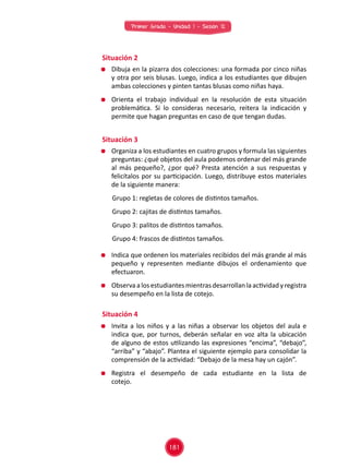 Primer Grado - Unidad 1 - Sesión 12
Situación 2
Situación 4
Situación 3
	 Dibuja en la pizarra dos colecciones: una formada por cinco niñas
y otra por seis blusas. Luego, indica a los estudiantes que dibujen
ambas colecciones y pinten tantas blusas como niñas haya.
	 Orienta el trabajo individual en la resolución de esta situación
problemática. Si lo consideras necesario, reitera la indicación y
permite que hagan preguntas en caso de que tengan dudas.
	 Invita a los niños y a las niñas a observar los objetos del aula e
indica que, por turnos, deberán señalar en voz alta la ubicación
de alguno de estos utilizando las expresiones “encima”, “debajo”,
“arriba” y “abajo”. Plantea el siguiente ejemplo para consolidar la
comprensión de la actividad: “Debajo de la mesa hay un cajón”.
	 Registra el desempeño de cada estudiante en la lista de
cotejo.	
	 Indica que ordenen los materiales recibidos del más grande al más
pequeño y representen mediante dibujos el ordenamiento que
efectuaron.
	 Observa a los estudiantes mientras desarrollan la actividad yregistra
su desempeño en la lista de cotejo.
	 Organiza a los estudiantes en cuatro grupos y formula las siguientes
preguntas: ¿qué objetos del aula podemos ordenar del más grande
al más pequeño?, ¿por qué? Presta atención a sus respuestas y
felicítalos por su participación. Luego, distribuye estos materiales
de la siguiente manera:
Grupo 1: regletas de colores de distintos tamaños.
Grupo 2: cajitas de distintos tamaños.
Grupo 3: palitos de distintos tamaños.
Grupo 4: frascos de distintos tamaños.
181
 