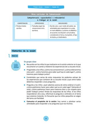 En grupo clase
	 Recuerda con los niños lo que realizaron en la sesión anterior en la que
escucharon un cuento y relataron las experiencias de su escuela inicial.
	 Pregúntalesalosniños:¿cómonosconoceremos?,¿cómoordenaremos
esta aula?, ¿cómo haremos para saber qué hay en cada lugar?, ¿cómo
haremos para trabajar juntos?
	 Coméntales que varias de estas respuestas las podemos extraer de
las experiencias que contaron de su escuela inicial y que entre todos
debemos responder a esas preguntas.
	 Pregunta a los niños: ¿qué sabemos acerca de cómo ordenar el aula?,
¿cómo podríamos hacer para saber qué va en cada lugar? (letrando el
aula), ¿cómo podremos hacer para tratarnos bien y con respeto para
poder trabajar juntos? Anota las respuestas de los niños. Si los niños
respondieran otra cosa, reformula la pregunta o céntralos en el tema
que estamos tratando. Es frecuente que los niños pequeños se salgan
del tema con facilidad.
	 Comunica el propósito de la sesión: hoy vamos a plantear varias
actividades para responder a las preguntas que nos hicimos.
20minutos
INICIO
Momentos de la sesión
1.
Competencia(s), capacidad(es) e indicador(es)
a trabajar en la sesión
COMPETENCIAS CAPACIDADES INDICADORES
	 Produce textos
escritos.
	 Textualiza según las
convenciones de la
escritura.
	 Escribe solo, o por medio del adulto, las
actividades para organizarse en su aula,
en nivel alfabético o próximo al alfabético
de acuerdo a la situación comunicativa;
considerando el tema, el propósito, el tipo
de textos y el destinatario.
Área curricular de Comunicación
26
Primer Grado - Unidad 1 - Sesión 02
 