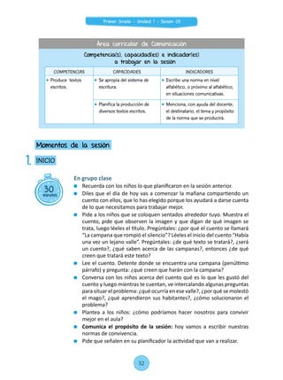 En grupo clase
	 Recuerda con los niños lo que planificaron en la sesión anterior.
	 Diles que el día de hoy vas a comenzar la mañana compartiendo un
cuento con ellos, que lo has elegido porque los ayudará a darse cuenta
de lo que necesitamos para trabajar mejor.
	 Pide a los niños que se coloquen sentados alrededor tuyo. Muestra el
cuento, pide que observen la imagen y que digan de qué imagen se
trata, luego léeles el título. Pregúntales: ¿por qué el cuento se llamará
“La campana que rompió el silencio”? Léeles el inicio del cuento “Había
una vez un lejano valle”. Pregúntales: ¿de qué texto se tratará?, ¿será
un cuento?, ¿qué saben acerca de las campanas?, entonces ¿de qué
creen que tratará este texto?
	 Lee el cuento. Detente donde se encuentra una campana (penúltimo
párrafo) y pregunta: ¿qué creen que harán con la campana?
	 Conversa con los niños acerca del cuento qué es lo que les gustó del
cuento y luego mientras te cuentan, ve intercalando algunas preguntas
para situar el problema: ¿qué ocurría en ese valle?, ¿por qué se molestó
el mago?, ¿qué aprendieron sus habitantes?, ¿cómo solucionaron el
problema?
	 Plantea a los niños: ¿cómo podríamos hacer nosotros para convivir
mejor en el aula?
	 Comunica el propósito de la sesión: hoy vamos a escribir nuestras
normas de convivencia.
	 Pide que señalen en su planificador la actividad que van a realizar.
30minutos
INICIO
Momentos de la sesión
1.
Competencia(s), capacidad(es) e indicador(es)
a trabajar en la sesión
COMPETENCIAS CAPACIDADES INDICADORES
	 Produce textos
escritos.
	 Se apropia del sistema de
escritura.
	 Escribe una norma en nivel
alfabético, o próximo al alfabético,
en situaciones comunicativas.
	 Planifica la producción de
diversos textos escritos.
	 Menciona, con ayuda del docente,
el destinatario, el tema y propósito
de la norma que se producirá.
Área curricular de Comunicación
32
Primer Grado - Unidad 1 - Sesión 03
 