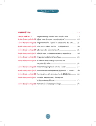 MATEMÁTICA ................................................................................................... 113
Unidad didáctica 1 : Organizamos y ambientamos nuestra aula ................. 115
Sesión de aprendizaje 01 : ¿Qué aprenderemos en matemática?......................... 120
Sesión de aprendizaje 02 : Organizamos los objetos de los sectores del aula....... 125
Sesión de aprendizaje 03 : Ubicamos objetos encima y debajo de otros .............. 130
Sesión de aprendizaje 04 : ¿Dónde están los materiales? ..................................... 135
Sesión de aprendizaje 05 : Clasiﬁcamos y ubicamos cada cosa en su lugar........... 140
Sesión de aprendizaje 06 : Organizamos La tiendita del aula ................................ 146
Sesión de aprendizaje 07 : Hacemos seriaciones y adornamos los
sectores del aula.......................................................... 151
Sesión de aprendizaje 08 : Ordenamos por grosor, tamaño y color ...................... 156
Sesión de aprendizaje 09 : Comparamos colecciones de objetos en La tiendita... 160
Sesión de aprendizaje 10 : Comparamos colecciones de hasta 10 objetos ........... 166
Sesión de aprendizaje 11 : Usamos “tantos como” al comparar
colecciones de objetos................................................ 171
Sesión de aprendizaje 12 : Valoramos nuestros aprendizajes................................ 176
Primer Grado - Unidad 1
4
 