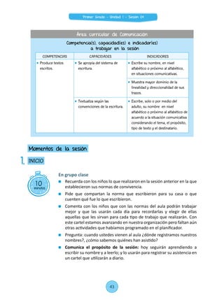 En grupo clase
	 Recuerda con los niños lo que realizaron en la sesión anterior en la que
establecieron sus normas de convivencia.
	 Pide que compartan la norma que escribieron para su casa o que
cuenten qué fue lo que escribieron.
	 Comenta con los niños que con las normas del aula podrán trabajar
mejor y que las usarán cada día para recordarlas y elegir de ellas
aquellas que les sirvan para cada tipo de trabajo que realizarán. Con
este cartel estamos avanzando en nuestra organización pero faltan aún
otras actividades que habíamos programado en el planificador.
	 Pregunta: cuando ustedes vienen al aula ¿dónde registramos nuestros
nombres?, ¿cómo sabemos quiénes han asistido?
	 Comunica el propósito de la sesión: hoy seguirán aprendiendo a
escribir su nombre y a leerlo; y lo usarán para registrar su asistencia en
un cartel que utilizarán a diario.
10minutos
INICIO
Momentos de la sesión
1.
Competencia(s), capacidad(es) e indicador(es)
a trabajar en la sesión
COMPETENCIAS CAPACIDADES INDICADORES
	 Produce textos
escritos.
	 Se apropia del sistema de
escritura.
	 Escribe su nombre, en nivel
alfabético o próximo al alfabético,
en situaciones comunicativas.
	 Muestra mayor dominio de la
linealidad y direccionalidad de sus
trazos.
	 Textualiza según las
convenciones de la escritura.
	 Escribe, solo o por medio del
adulto, su nombre en nivel
alfabético o próximo al alfabético de
acuerdo a la situación comunicativa
considerando el tema, el propósito,
tipo de texto y el destinatario.
Área curricular de Comunicación
43
Primer Grado - Unidad 1 - Sesión 04
 