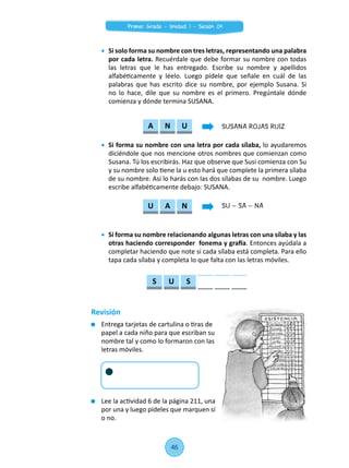 Revisión
	 Entrega tarjetas de cartulina o tiras de
papel a cada niño para que escriban su
nombre tal y como lo formaron con las
letras móviles.
	 Lee la actividad 6 de la página 211, una
por una y luego pídeles que marquen sí
o no.
	 Si solo forma su nombre con tres letras, representando una palabra
por cada letra. Recuérdale que debe formar su nombre con todas
las letras que le has entregado. Escribe su nombre y apellidos
alfabéticamente y léelo. Luego pídele que señale en cuál de las
palabras que has escrito dice su nombre, por ejemplo Susana. Si
no lo hace, dile que su nombre es el primero. Pregúntale dónde
comienza y dónde termina SUSANA.
	 Si forma su nombre con una letra por cada sílaba, lo ayudaremos
diciéndole que nos mencione otros nombres que comienzan como
Susana. Tú los escribirás. Haz que observe que Susi comienza con Su
y su nombre solo tiene la u esto hará que complete la primera sílaba
de su nombre. Así lo harás con las dos sílabas de su nombre. Luego
escribe alfabéticamente debajo: SUSANA.
	 Si forma su nombre relacionando algunas letras con una sílaba y las
otras haciendo corresponder fonema y grafía. Entonces ayúdala a
completar haciendo que note si cada sílaba está completa. Para ello
tapa cada sílaba y completa lo que falta con las letras móviles.
SUSANA ROJAS RUIZ
SU – SA – NA
S U S
A N U
U A N
46
Primer Grado - Unidad 1 - Sesión 04
 