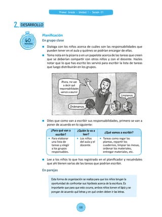 Dialoga con los niños acerca de cuáles son las responsabilidades que
pueden tener en el aula y quiénes se podrían encargar de ellas.
	 Toma nota en la pizarra o en un papelote acerca de las tareas que creen
que se deberían compartir con otros niños y con el docente. Hazles
notar que lo que has escrito les servirá para escribir la lista de tareas
que luego distribuirán en los grupos.
	 Diles que como van a escribir sus responsabilidades, primero se van a
poner de acuerdo en lo siguiente:
	 Lee a los niños lo que has registrado en el planificador y recuérdales
que ahí tienen varias de las tareas que podrían escribir.
60minutos
DESARROLLO2.
Planificación
En grupo clase
En parejas
¿Para qué van a
escribir?
¿Quién lo va a
leer?
¿Qué vamos a escribir?
	 Para elaborar
una lista de
tareas y elegir
a los grupos
responsables.
	 Los niños
del aula y el
docente.
	 Tareas como regar las
plantas, repartir los
cuadernos, limpiar las mesas,
ordenar los materiales,
entregar materiales, etc.
Esta forma de organización se realiza para que los niños tengan la
oportunidad de confrontar sus hipótesis acerca de la escritura. Es
importante que para que esto ocurra, ambos niños tomen el lápiz y se
pongan de acuerdo qué letras y en qué orden deben ir las letras.
Ahora, me van
a decir qué
responsabilidades
vamos a asumir
Ordenamos.
Limpiamos.
68
Primer Grado - Unidad 1 - Sesión 07
 