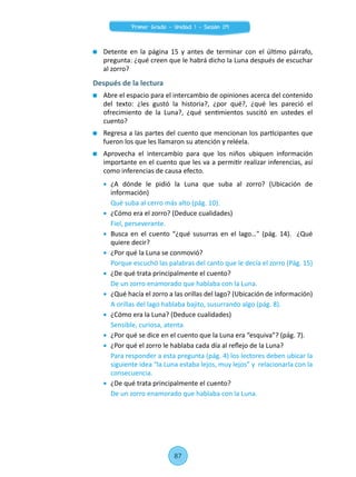 Detente en la página 15 y antes de terminar con el último párrafo,
pregunta: ¿qué creen que le habrá dicho la Luna después de escuchar
al zorro?
Después de la lectura
	 Abre el espacio para el intercambio de opiniones acerca del contenido
del texto: ¿les gustó la historia?, ¿por qué?, ¿qué les pareció el
ofrecimiento de la Luna?, ¿qué sentimientos suscitó en ustedes el
cuento?
	 Regresa a las partes del cuento que mencionan los participantes que
fueron los que les llamaron su atención y reléela.
	 Aprovecha el intercambio para que los niños ubiquen información
importante en el cuento que les va a permitir realizar inferencias, así
como inferencias de causa efecto.
	¿A dónde le pidió la Luna que suba al zorro? (Ubicación de
información)
	 Qué suba al cerro más alto (pág. 10).
	 ¿Cómo era el zorro? (Deduce cualidades)
	 Fiel, perseverante.
	 Busca en el cuento “¿qué susurras en el lago…" (pág. 14).  ¿Qué
quiere decir?
	 ¿Por qué la Luna se conmovió?
	 Porque escuchó las palabras del canto que le decía el zorro (Pág. 15)
	 ¿De qué trata principalmente el cuento?
	 De un zorro enamorado que hablaba con la Luna.
	 ¿Qué hacía el zorro a las orillas del lago? (Ubicación de información)
	 A orillas del lago hablaba bajito, susurrando algo (pág. 8).
	 ¿Cómo era la Luna? (Deduce cualidades)
	 Sensible, curiosa, atenta.
	 ¿Por qué se dice en el cuento que la Luna era “esquiva”? (pág. 7).
	 ¿Por qué el zorro le hablaba cada día al reflejo de la Luna?
	 Para responder a esta pregunta (pág. 4) los lectores deben ubicar la
siguiente idea “la Luna estaba lejos, muy lejos” y  relacionarla con la
consecuencia.
	 ¿De qué trata principalmente el cuento?
	 De un zorro enamorado que hablaba con la Luna.
87
Primer Grado - Unidad 1 - Sesión 09
 