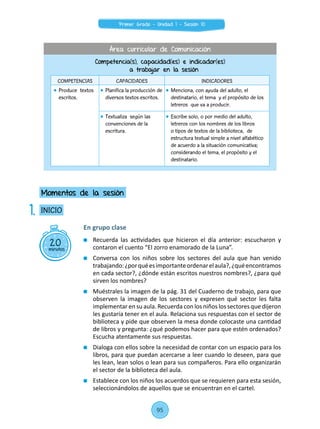 En grupo clase
	 Recuerda las actividades que hicieron el día anterior: escucharon y
contaron el cuento “El zorro enamorado de la Luna”.
	 Conversa con los niños sobre los sectores del aula que han venido
trabajando:¿porquéesimportanteordenarelaula?,¿quéencontramos
en cada sector?, ¿dónde están escritos nuestros nombres?, ¿para qué
sirven los nombres?
	 Muéstrales la imagen de la pág. 31 del Cuaderno de trabajo, para que
observen la imagen de los sectores y expresen qué sector les falta
implementar en su aula. Recuerda con los niños los sectores que dijeron
les gustaría tener en el aula. Relaciona sus respuestas con el sector de
biblioteca y pide que observen la mesa donde colocaste una cantidad
de libros y pregunta: ¿qué podemos hacer para que estén ordenados?
Escucha atentamente sus respuestas.
	 Dialoga con ellos sobre la necesidad de contar con un espacio para los
libros, para que puedan acercarse a leer cuando lo deseen, para que
les lean, lean solos o lean para sus compañeros. Para ello organizarán
el sector de la biblioteca del aula.
	 Establece con los niños los acuerdos que se requieren para esta sesión,
seleccionándolos de aquellos que se encuentran en el cartel.
20minutos
INICIO
Momentos de la sesión
1.
Competencia(s), capacidad(es) e indicador(es)
a trabajar en la sesión
COMPETENCIAS CAPACIDADES INDICADORES
	 Produce textos
escritos.
	 Planifica la producción de
diversos textos escritos.
	 Menciona, con ayuda del adulto, el
destinatario, el tema y el propósito de los
letreros que va a producir.
	 Textualiza según las
convenciones de la
escritura.
	 Escribe solo, o por medio del adulto,
letreros con los nombres de los libros
o tipos de textos de la biblioteca, de
estructura textual simple a nivel alfabético
de acuerdo a la situación comunicativa;
considerando el tema, el propósito y el
destinatario.
Área curricular de Comunicación
95
Primer Grado - Unidad 1 - Sesión 10
 