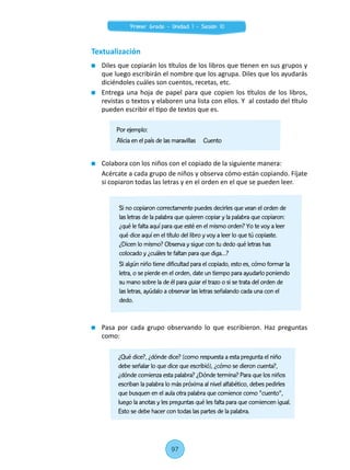 Textualización
	 Diles que copiarán los títulos de los libros que tienen en sus grupos y
que luego escribirán el nombre que los agrupa. Diles que los ayudarás
diciéndoles cuáles son cuentos, recetas, etc.
	 Entrega una hoja de papel para que copien los títulos de los libros,
revistas o textos y elaboren una lista con ellos. Y  al costado del título
pueden escribir el tipo de textos que es.
	 Colabora con los niños con el copiado de la siguiente manera:
	 Acércate a cada grupo de niños y observa cómo están copiando. Fíjate
si copiaron todas las letras y en el orden en el que se pueden leer.
	 Pasa por cada grupo observando lo que escribieron. Haz preguntas
como:
Si no copiaron correctamente puedes decirles que vean el orden de
las letras de la palabra que quieren copiar y la palabra que copiaron:
¿qué le falta aquí para que esté en el mismo orden? Yo te voy a leer
qué dice aquí en el título del libro y voy a leer lo que tú copiaste.
¿Dicen lo mismo? Observa y sigue con tu dedo qué letras has
colocado y ¿cuáles te faltan para que diga…?
Si algún niño tiene dificultad para el copiado, esto es, cómo formar la
letra, o se pierde en el orden, date un tiempo para ayudarlo poniendo
su mano sobre la de él para guiar el trazo o si se trata del orden de
las letras, ayúdalo a observar las letras señalando cada una con el
dedo.
¿Qué dice?, ¿dónde dice? (como respuesta a esta pregunta el niño
debe señalar lo que dice que escribió), ¿cómo se dieron cuenta?,
¿dónde comienza esta palabra? ¿Dónde termina? Para que los niños
escriban la palabra lo más próxima al nivel alfabético, debes pedirles
que busquen en el aula otra palabra que comience como "cuento",
luego la anotas y les preguntas qué les falta para que comiencen igual.
Esto se debe hacer con todas las partes de la palabra.
Por ejemplo:
Alicia en el país de las maravillas	 Cuento
97
Primer Grado - Unidad 1 - Sesión 10
 