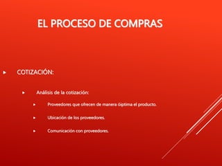 EL PROCESO DE COMPRAS
 COTIZACIÓN:
 Análisis de la cotización:
 Proveedores que ofrecen de manera óiptima el producto.
 Ubicación de los proveedores.
 Comunicación con proveedores.
 