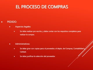 EL PROCESO DE COMPRAS
 PEDIDO:
 Aspectos legales:
 Se debe realizar por escrito, y debe contar con los requisitos completos para
realizar la compra.
 Administrativos:
 Se debe girar con copias para: el proveedor, el depto. de Compras, Contabilidad y
Calidad.
 Se debe justificar la selección del proveedor.
 