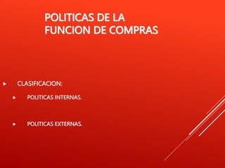 POLITICAS DE LA
FUNCION DE COMPRAS
 CLASIFICACION:
 POLITICAS INTERNAS.
 POLITICAS EXTERNAS.
 