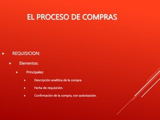EL PROCESO DE COMPRAS
 REQUISICION:
 Elementos:
 Principales:
 Descripción analítica de la compra.
 Fecha de requisición.
 Confirmación de la compra, con autorización.
 