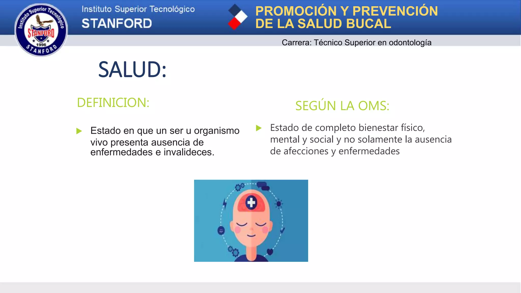 PROMOCIÓN Y PREVENCIÓN
DE LA SALUD BUCAL
Carrera: Técnico Superior en odontología
SALUD:
DEFINICION:
 Estado en que un ser u organismo
vivo presenta ausencia de
enfermedades e invalideces.
SEGÚN LA OMS:
 Estado de completo bienestar físico,
mental y social y no solamente la ausencia
de afecciones y enfermedades
 