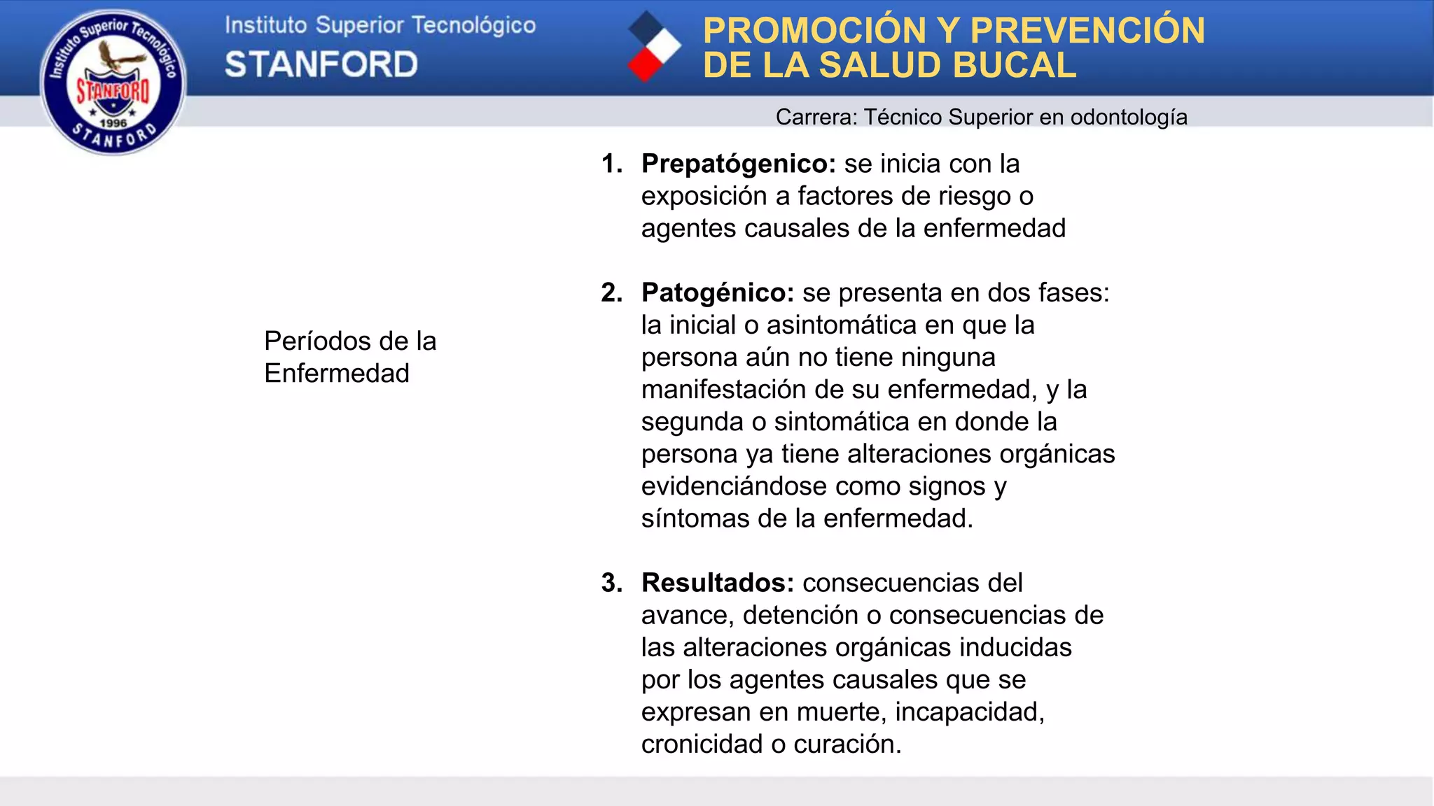Períodos de la
Enfermedad
1. Prepatógenico: se inicia con la
exposición a factores de riesgo o
agentes causales de la enfermedad
2. Patogénico: se presenta en dos fases:
la inicial o asintomática en que la
persona aún no tiene ninguna
manifestación de su enfermedad, y la
segunda o sintomática en donde la
persona ya tiene alteraciones orgánicas
evidenciándose como signos y
síntomas de la enfermedad.
3. Resultados: consecuencias del
avance, detención o consecuencias de
las alteraciones orgánicas inducidas
por los agentes causales que se
expresan en muerte, incapacidad,
cronicidad o curación.
PROMOCIÓN Y PREVENCIÓN
DE LA SALUD BUCAL
Carrera: Técnico Superior en odontología
 