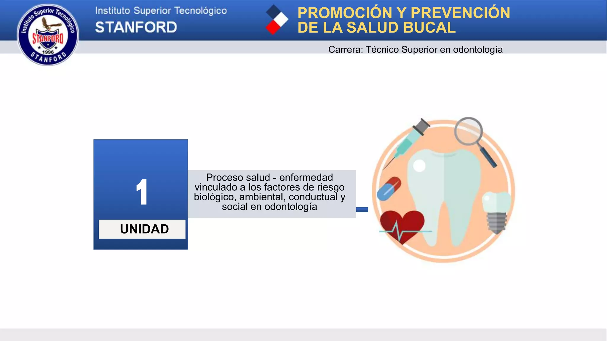 PROMOCIÓN Y PREVENCIÓN
DE LA SALUD BUCAL
Carrera: Técnico Superior en odontología
UNIDAD
1 Proceso salud - enfermedad
vinculado a los factores de riesgo
biológico, ambiental, conductual y
social en odontología
 