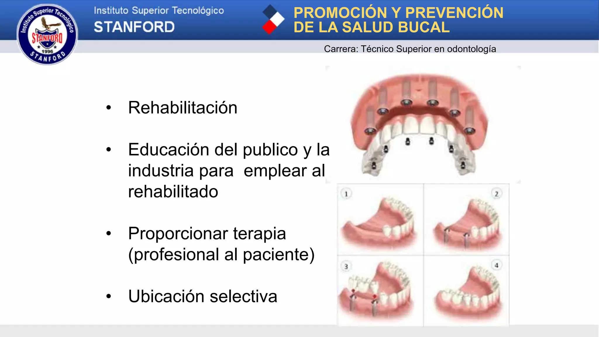 • Rehabilitación
• Educación del publico y la
industria para emplear al
rehabilitado
• Proporcionar terapia
(profesional al paciente)
• Ubicación selectiva
PROMOCIÓN Y PREVENCIÓN
DE LA SALUD BUCAL
Carrera: Técnico Superior en odontología
 