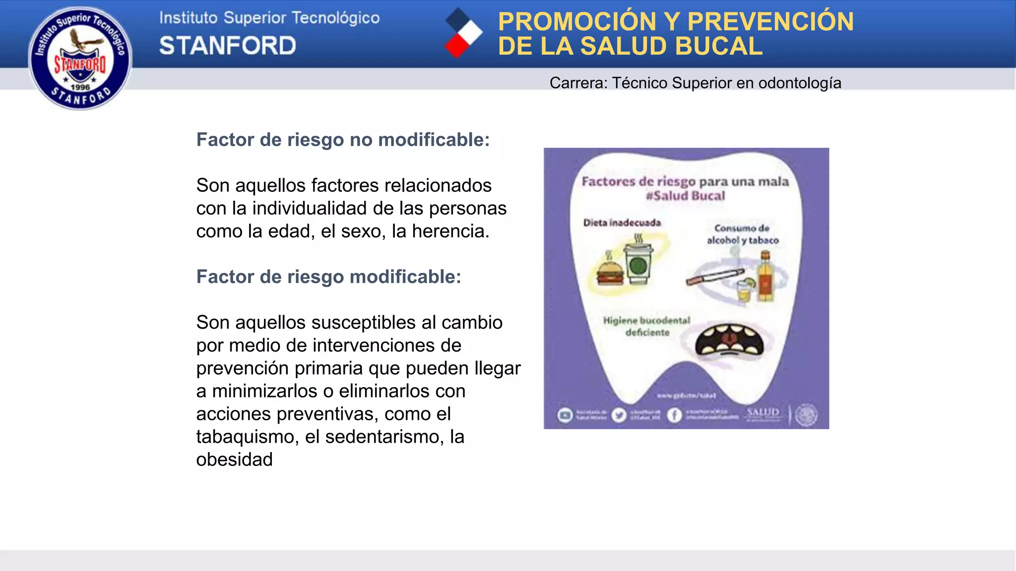 Factor de riesgo no modificable:
Son aquellos factores relacionados
con la individualidad de las personas
como la edad, el sexo, la herencia.
Factor de riesgo modificable:
Son aquellos susceptibles al cambio
por medio de intervenciones de
prevención primaria que pueden llegar
a minimizarlos o eliminarlos con
acciones preventivas, como el
tabaquismo, el sedentarismo, la
obesidad
PROMOCIÓN Y PREVENCIÓN
DE LA SALUD BUCAL
Carrera: Técnico Superior en odontología
 