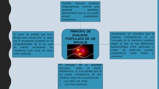 PRINCIPIO DE
DUALIDAD.
POSTULADO DE: DE
BROGLIE
También llamada dualidad
onda-partícula, resolvió una
aparente paradoja,
demostrando que la luz puede
poseer propiedades
ondulatorias.
Actualmente se considera que la
dualidad onda-partícula es un
“concepto de la mecánica cuántica
según el cual no hay diferencias
fundamentales entre partículas y
ondas: las partículas pueden
comportarse como ondas y
viceversa”
El principio
descansa
de la dualidad
sobre el efecto
fotoeléctrico, el cual plantea que la
luz puede comportarse de dos
maneras según las circunstancias:
1. Luz como una onda.
2. Luz como partícula
El punto de partida que tuvo
Broglie para desarrollar su tesis
fue la inquietante dualidad en el
comportamiento de la luz, que
en ciertos fenómenos se
manifiesta como onda, en otros
como partícula.
 