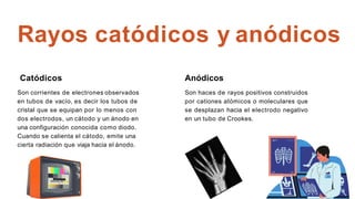 Catódicos
Son corrientes de electrones observados
en tubos de vacío, es decir los tubos de
cristal que se equipan por lo menos con
dos electrodos, un cátodo y un ánodo en
una configuración conocida como diodo.
Cuando se calienta el cátodo, emite una
cierta radiación que viaja hacia el ánodo.
Anódicos
Son haces de rayos positivos construidos
por cationes atómicos o moleculares que
se desplazan hacia el electrodo negativo
en un tubo de Crookes.
Rayos catódicos y anódicos
 