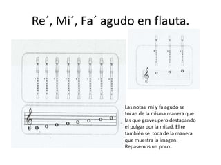 Re´, Mi´, Fa´ agudo en flauta.




                 Las notas mi y fa agudo se
                 tocan de la misma manera que
                 las que graves pero destapando
                 el pulgar por la mitad. El re
                 también se toca de la manera
                 que muestra la imagen.
                 Repasemos un poco…
 